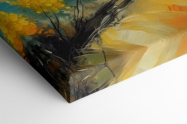 A painting of a yellow tree and boats in the water