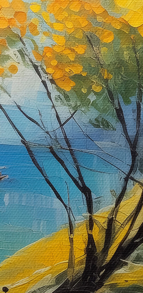 A painting of a yellow tree and boats in the water