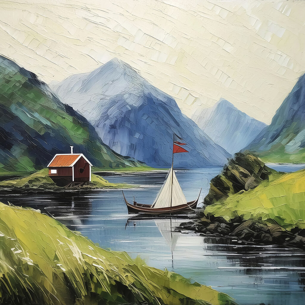 A painting of a boat on a lake with mountains and a house