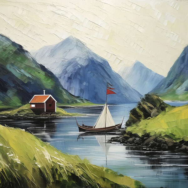 A painting of a boat on a lake with mountains and a house