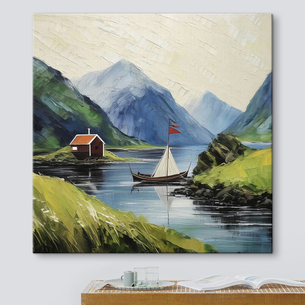 A painting of a boat on a lake with mountains and a house