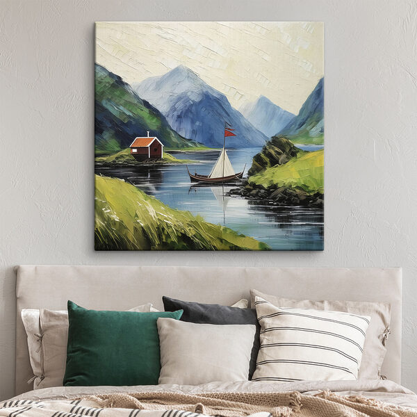 A painting of a boat on a lake with mountains and a house