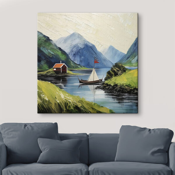 A painting of a boat on a lake with mountains and a house