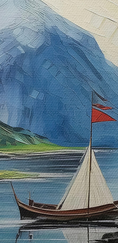 A painting of a boat on a lake with mountains and a house
