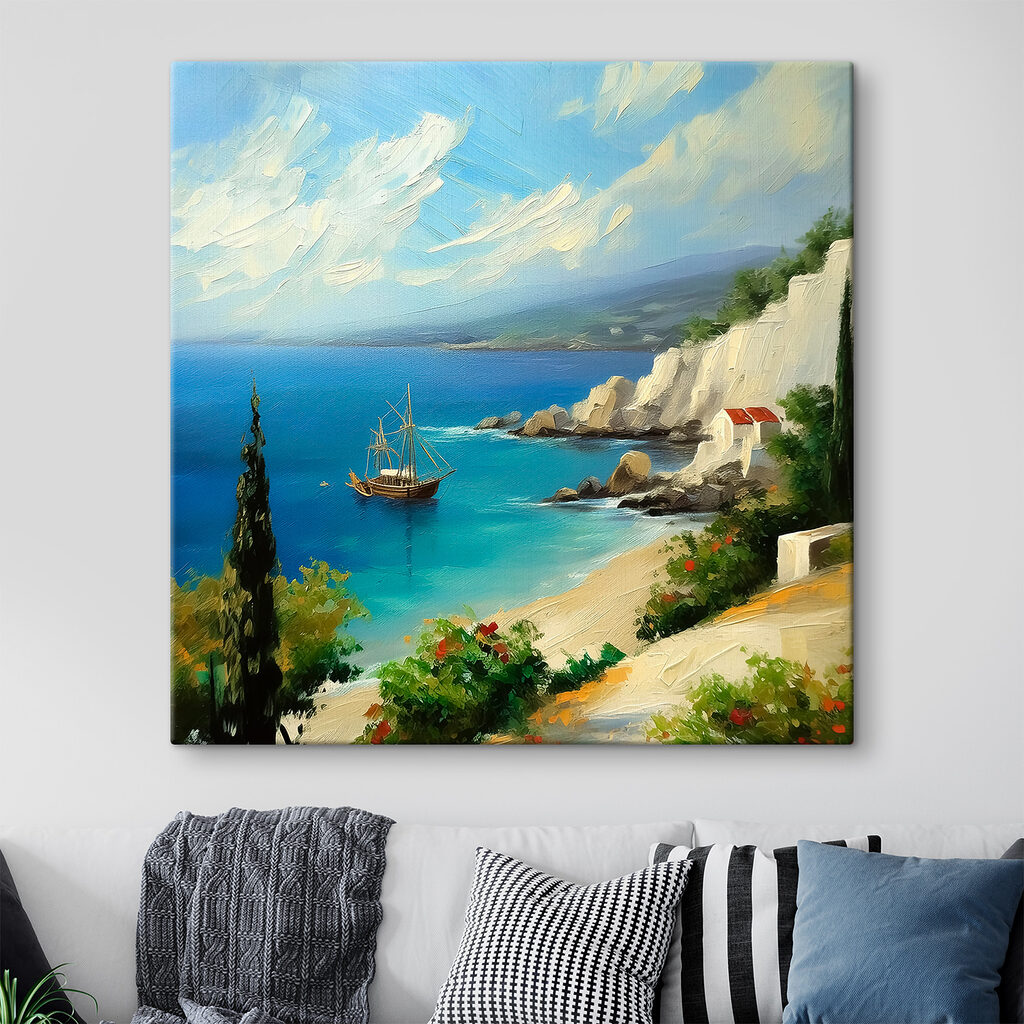 A painting of a boat in the water