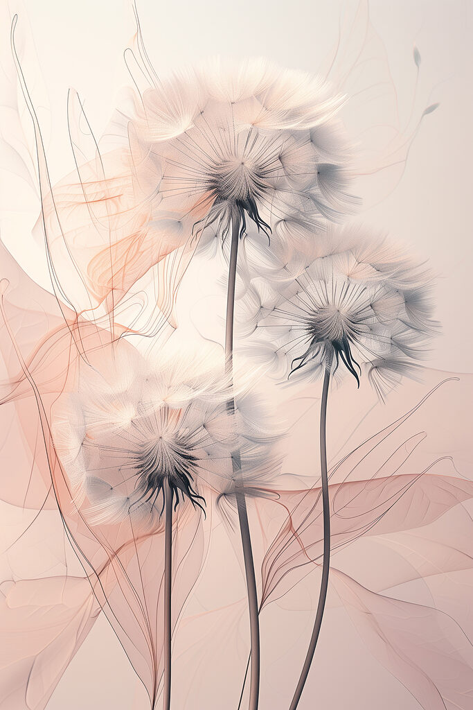 A group of dandelions with white and orange lines