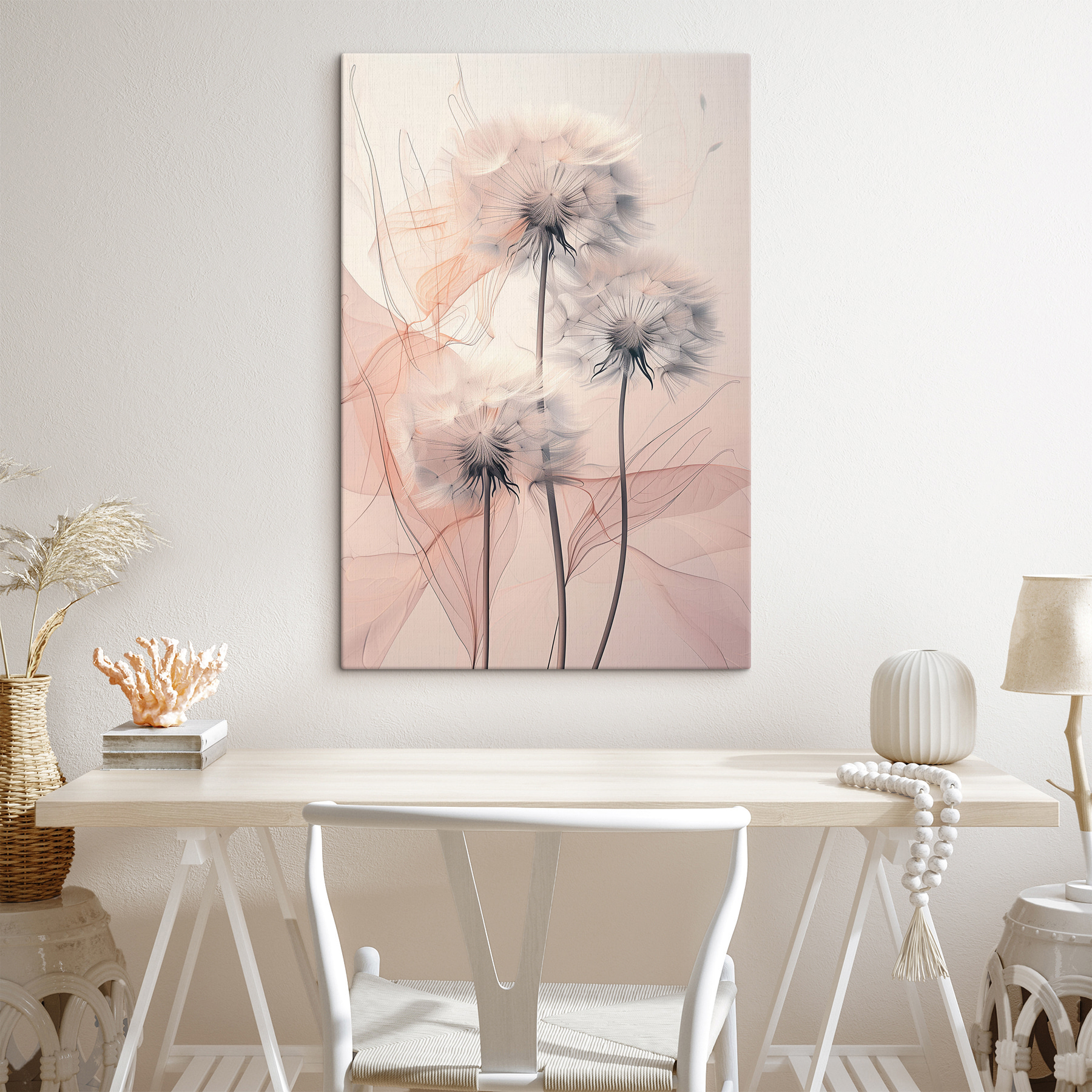 A group of dandelions with white and orange lines