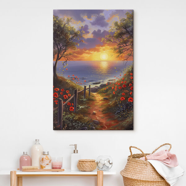 A painting of a path leading to a body of water with flowers A painting of a path leading to a body of water with flowers