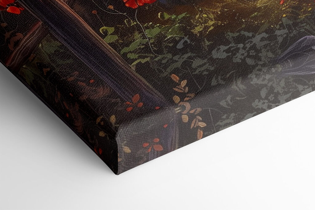 A painting of a path leading to a body of water with flowers
