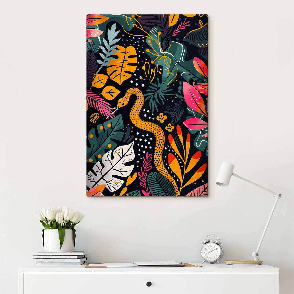 A colorful art of a snake and leaves