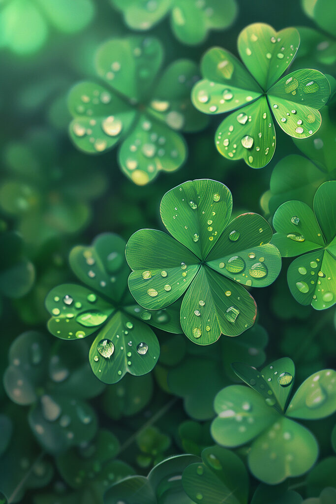 A group of clovers with water droplets