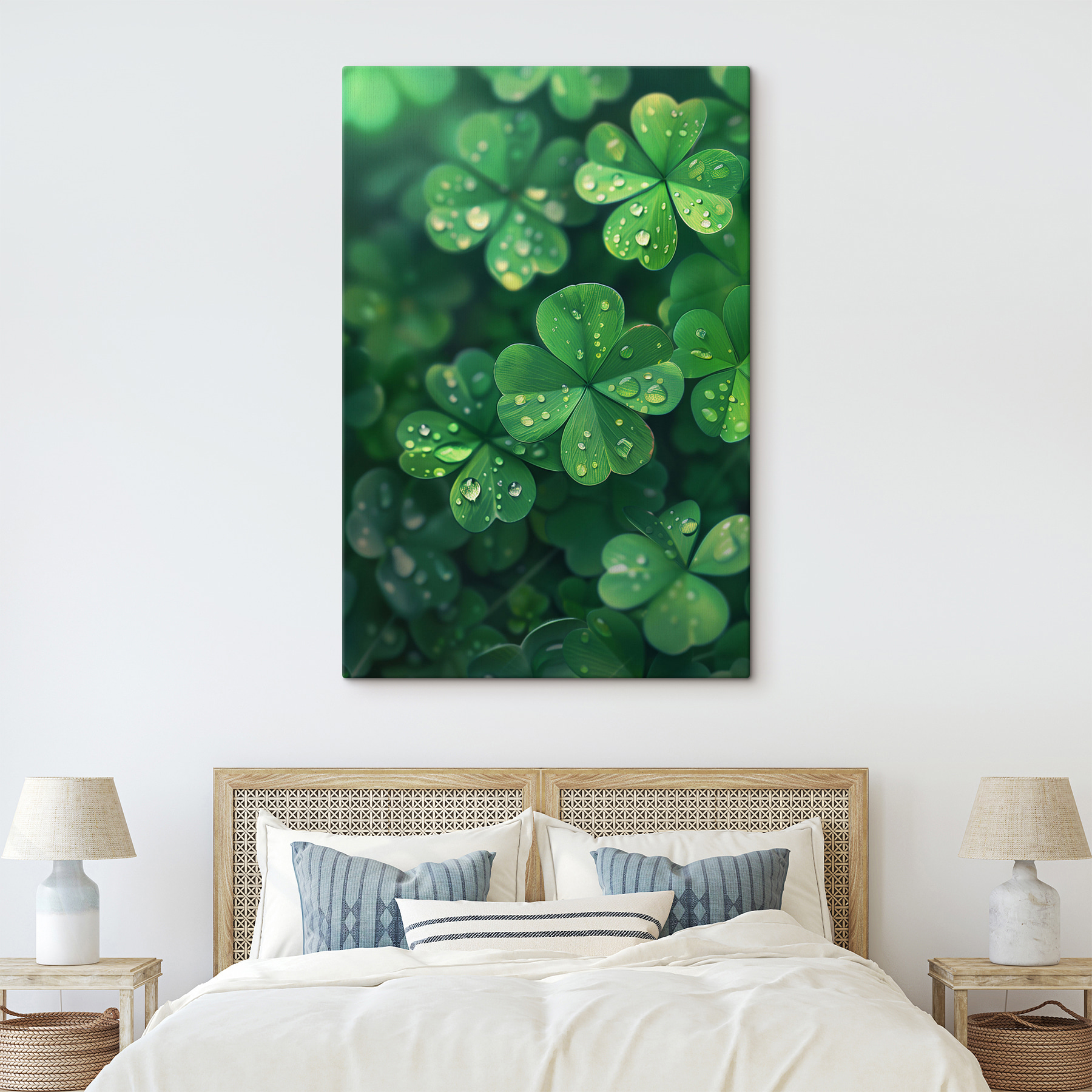 A group of clovers with water droplets