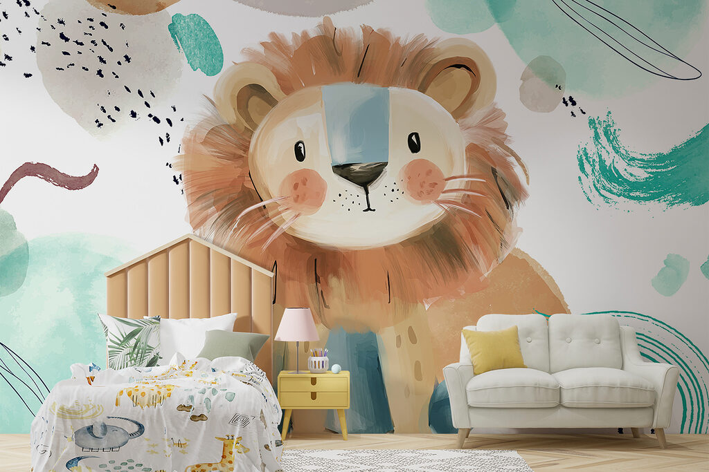 Cartoon lion with blue and white spots