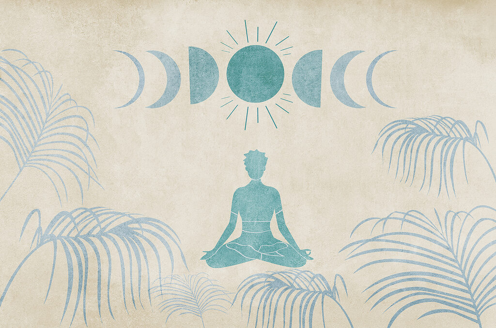 Drawing of a person sitting in a lotus position surrounded by plants