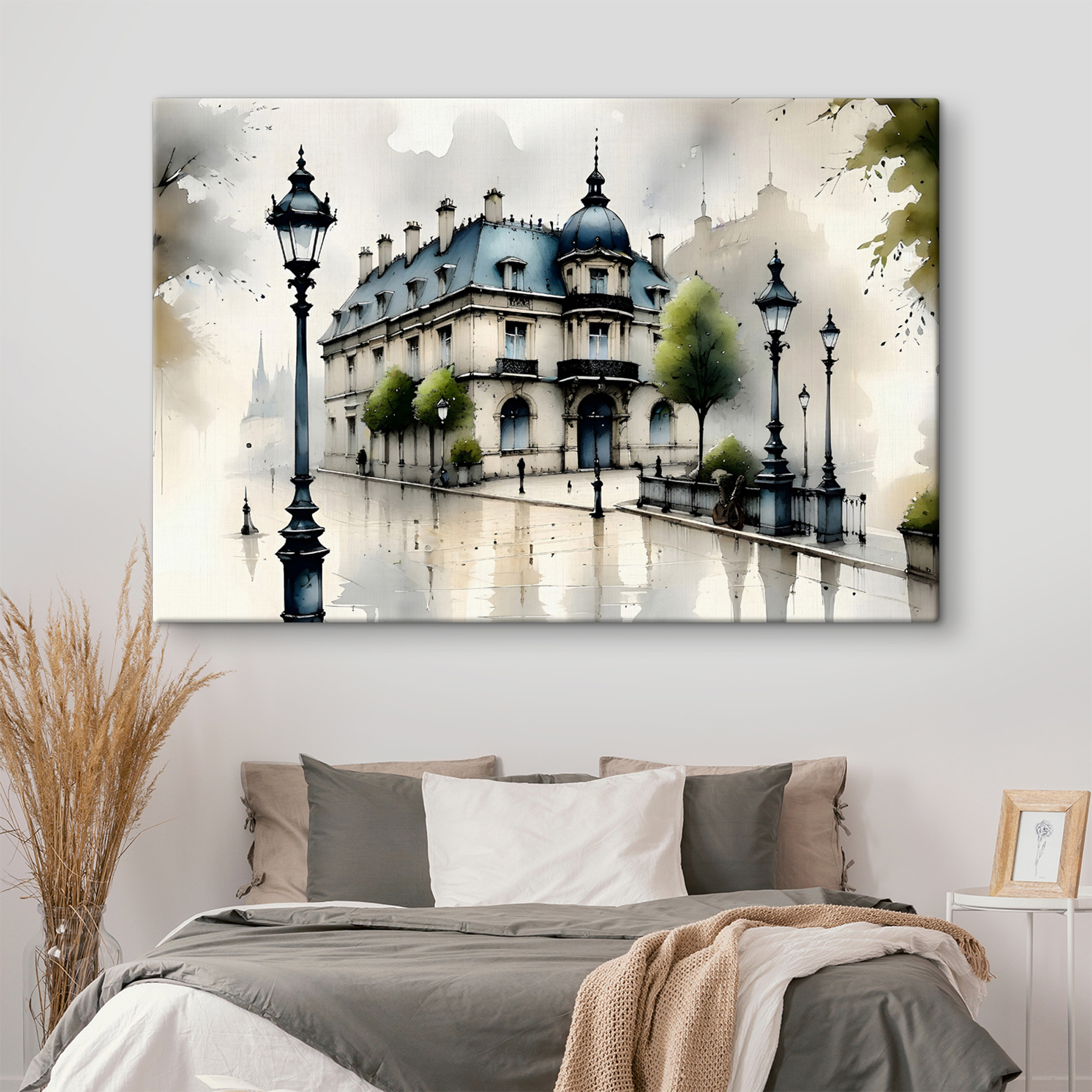 Painting of a building with trees and a street lamp