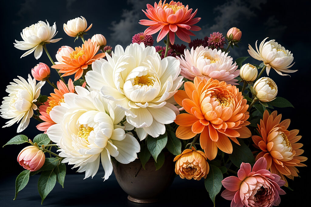 Vase of flowers with a cloudy sky