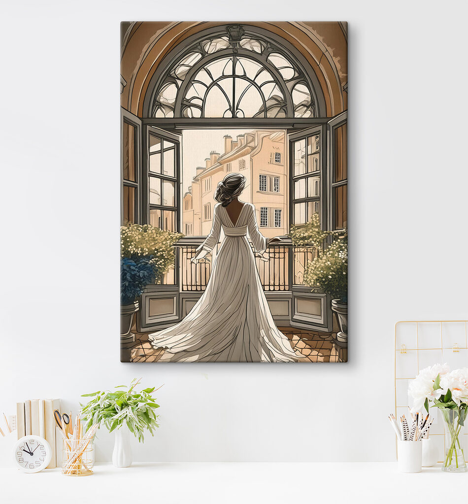 Woman in a white dress looking out a window