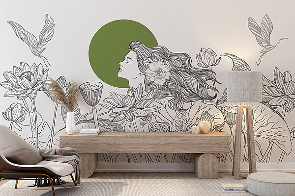Drawing of a woman with long hair and flowers