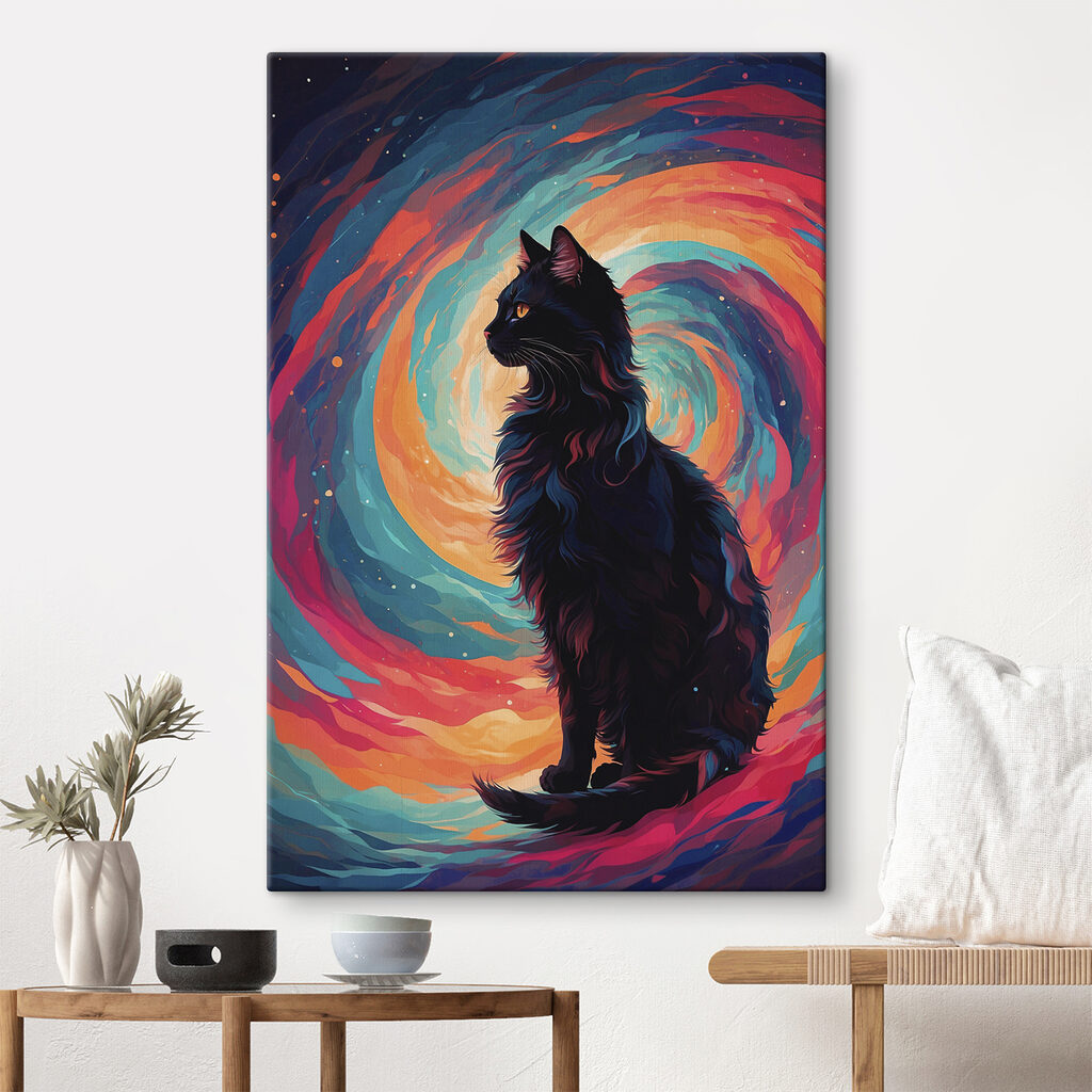 Cat sitting in front of a colorful swirl Cat sitting in front of a colorful swirl