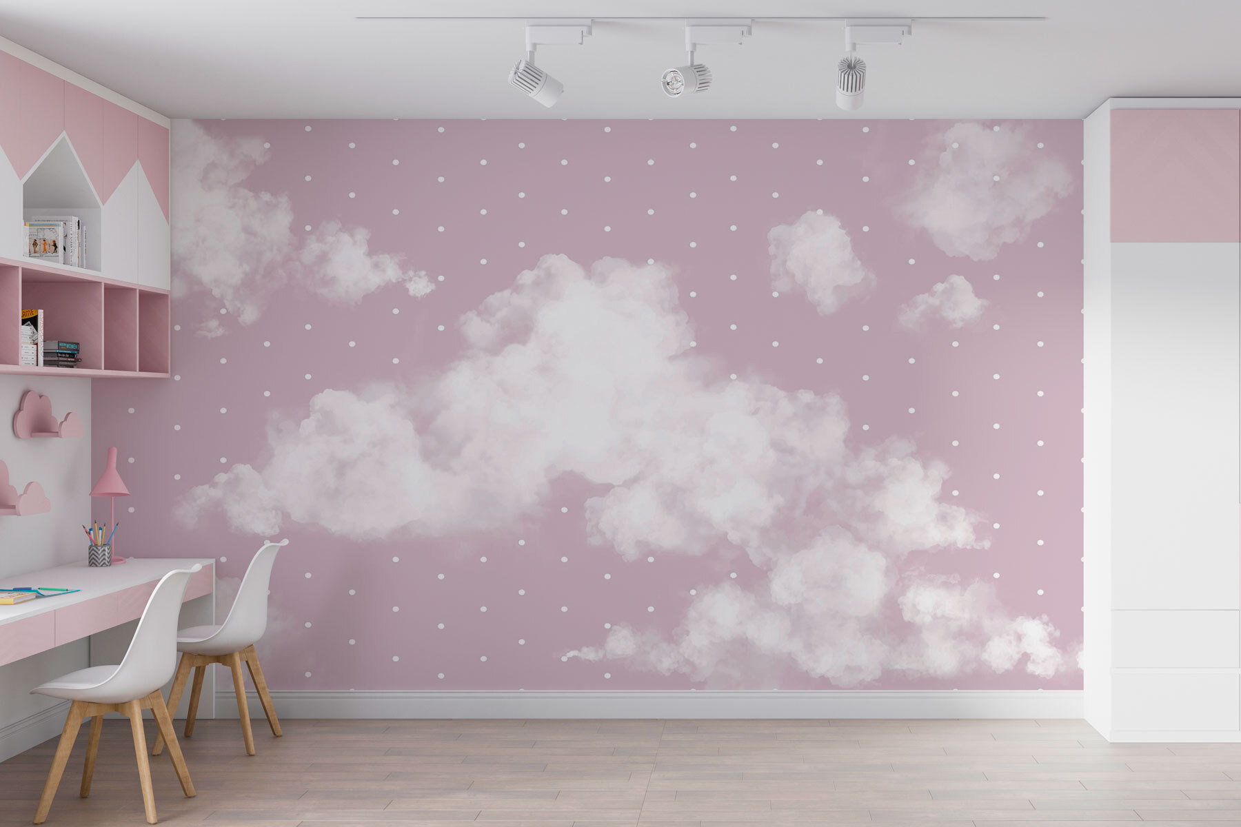 Pink and white background with white clouds
