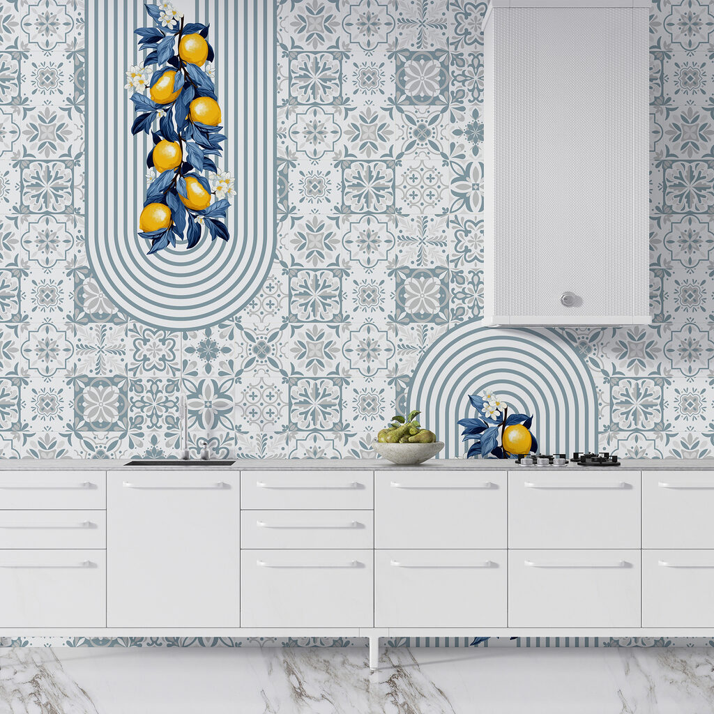 Pattern of fruit on a white and blue background