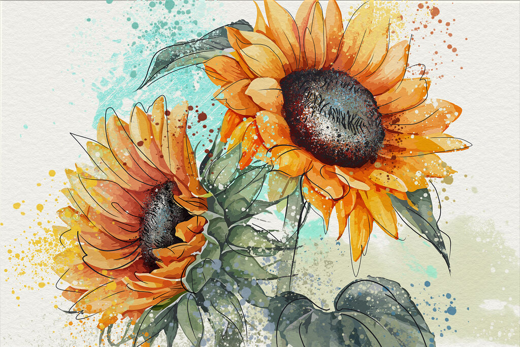 Painting of sunflowers on a white background Painting of sunflowers on a white background