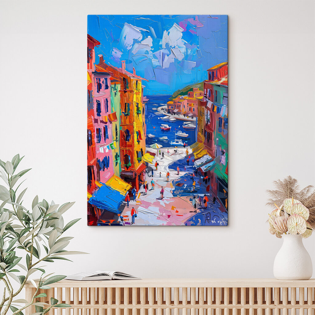 Painting of a city with boats and people Painting of a city with boats and people