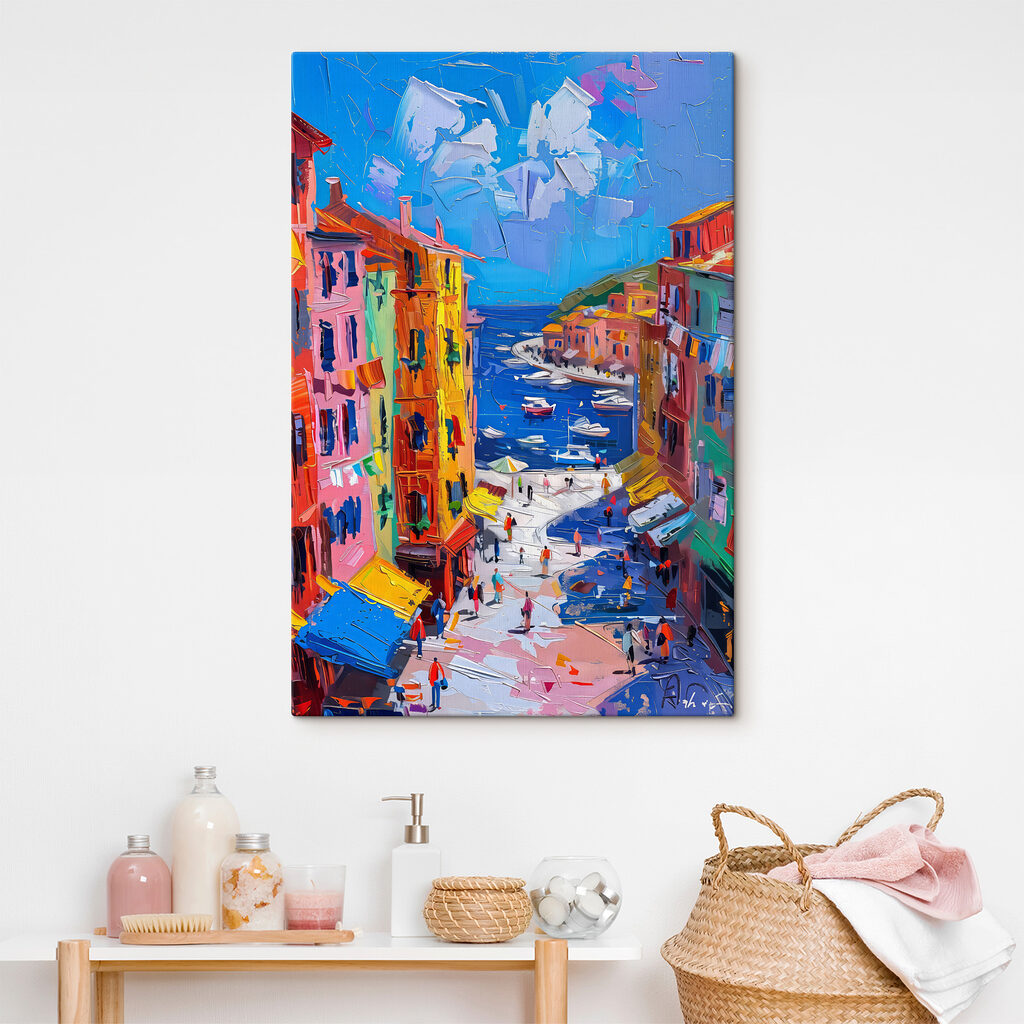 Painting of a city with boats and people Painting of a city with boats and people