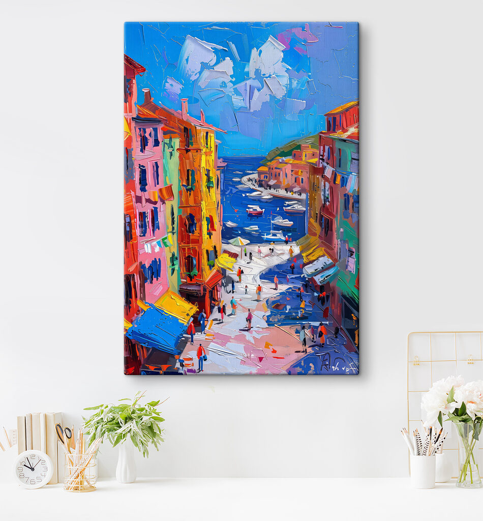 Painting of a city with boats and people Painting of a city with boats and people