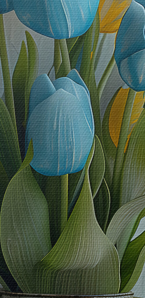 Vase of blue and yellow tulips