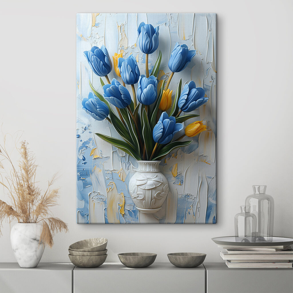 Vase of blue tulips