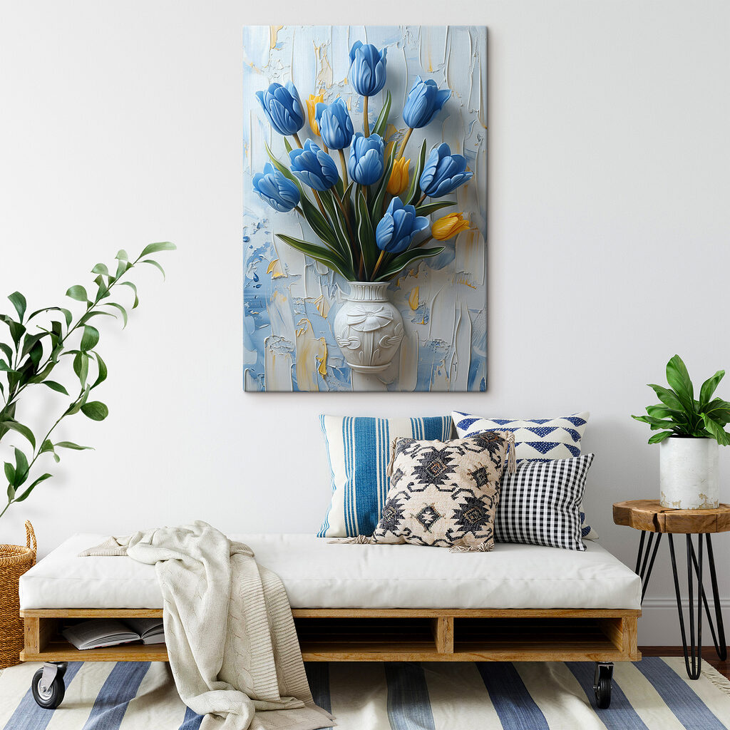 Vase of blue tulips