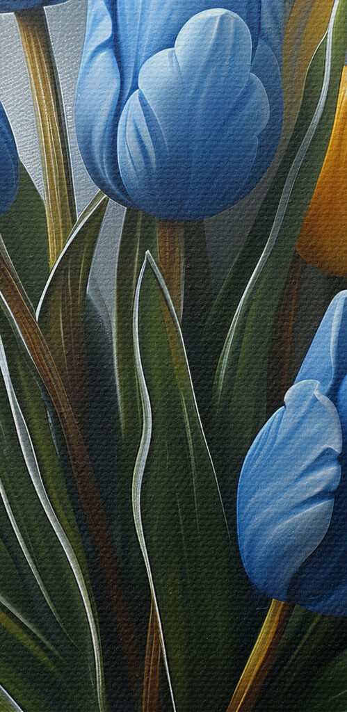Vase of blue tulips