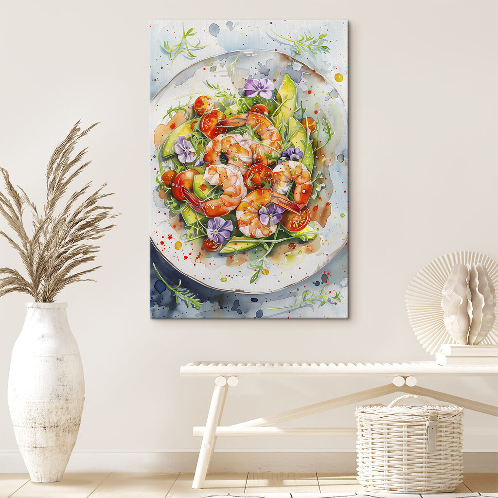 Watercolor painting of a plate of shrimp and avocado Watercolor painting of a plate of shrimp and avocado