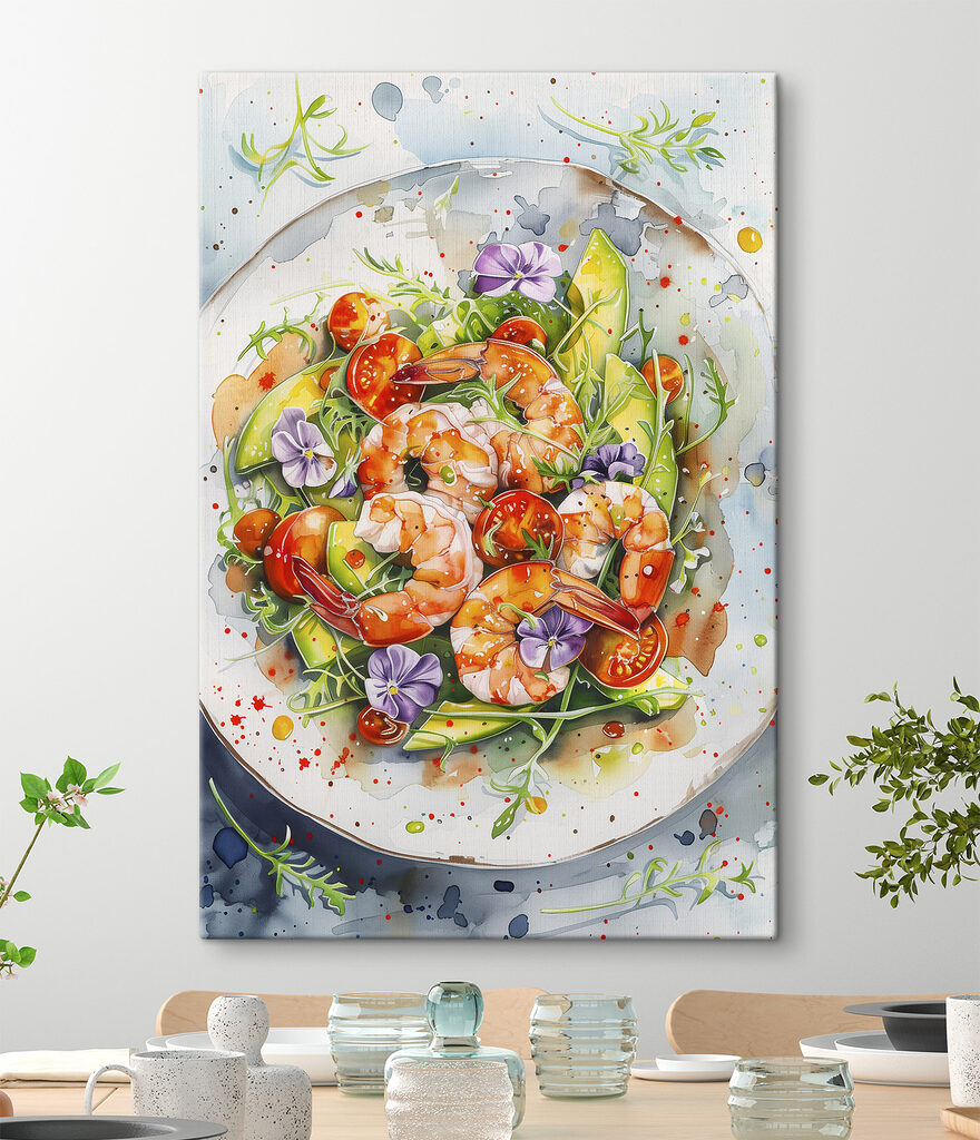 Watercolor painting of a plate of shrimp and avocado Watercolor painting of a plate of shrimp and avocado