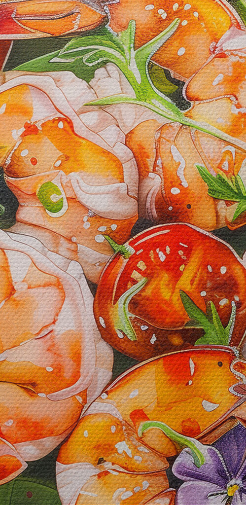 Watercolor painting of a plate of shrimp and avocado Watercolor painting of a plate of shrimp and avocado