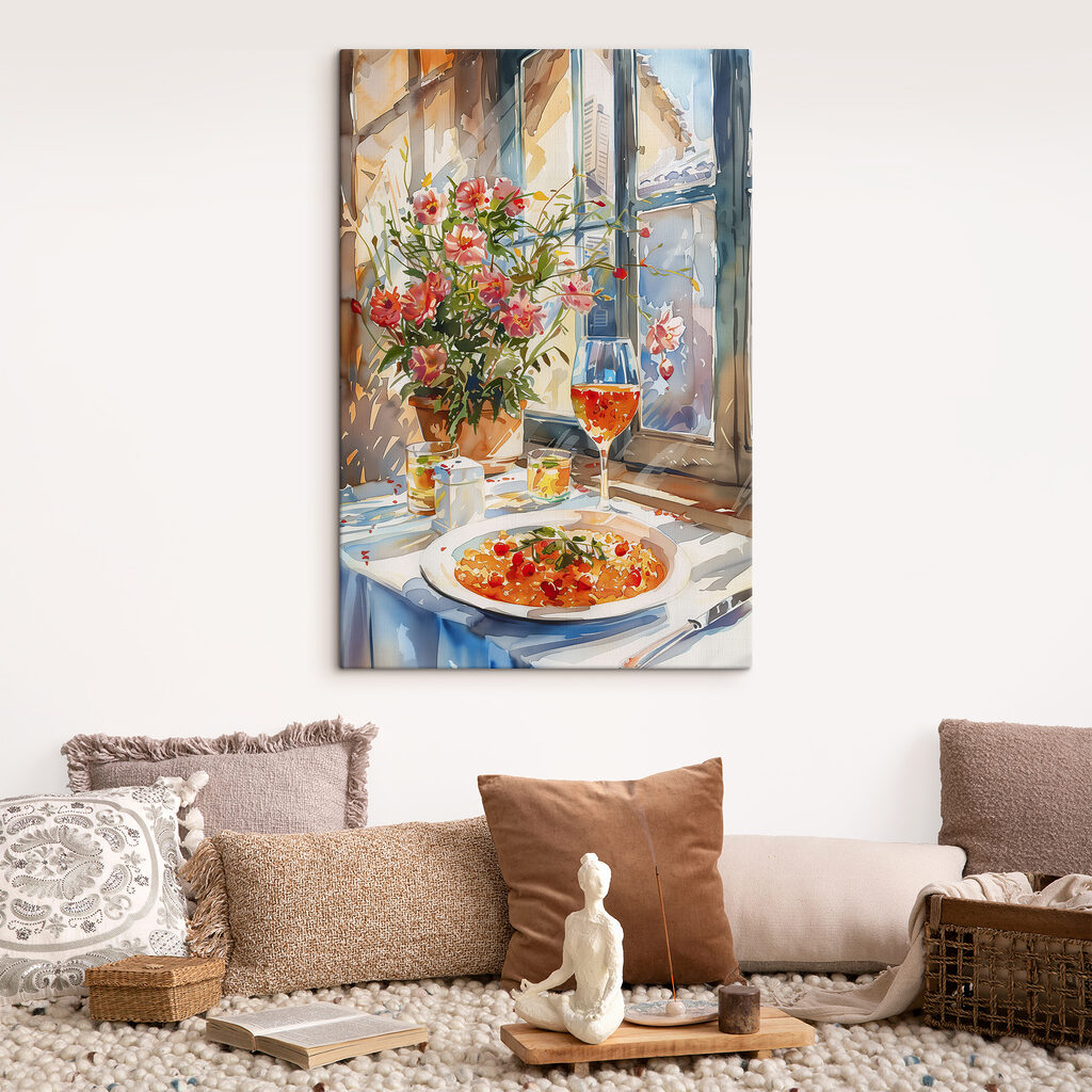 Watercolor painting of a table with food and flowers Watercolor painting of a table with food and flowers