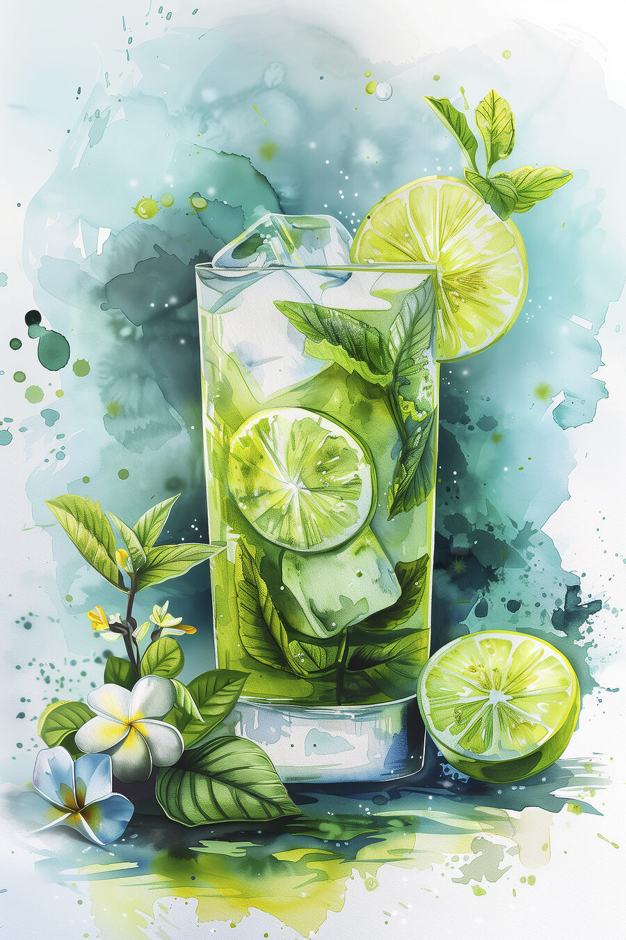 Akwarela przedstawiająca napój z limonkami i liśćmi