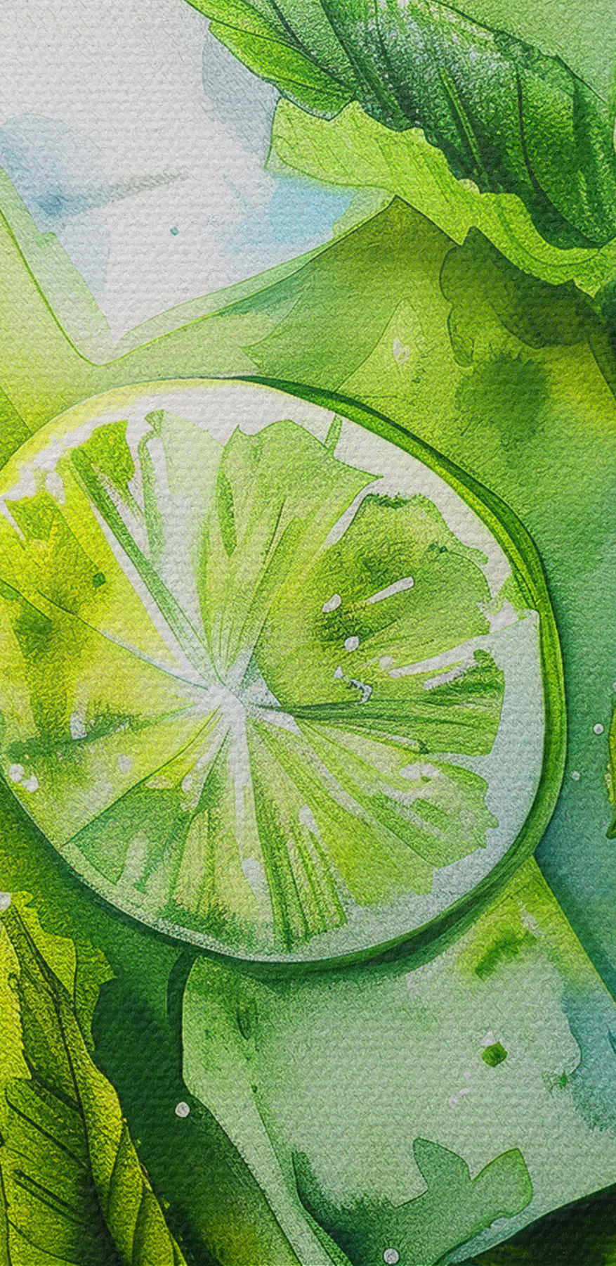 Akwarela przedstawiająca napój z limonkami i liśćmi