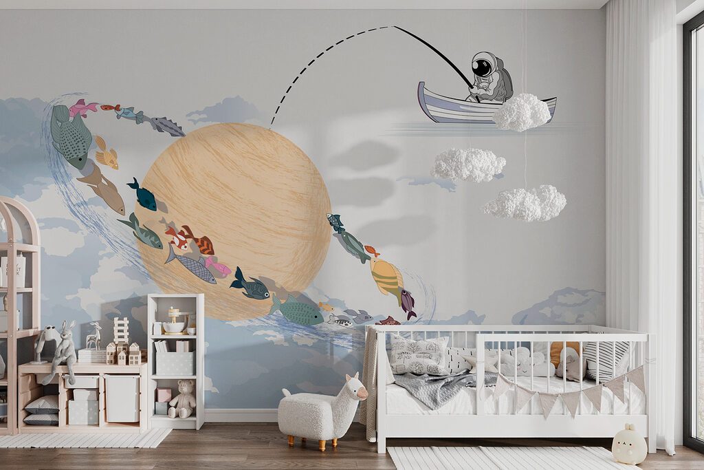 Cartoon of a planet with fish in it