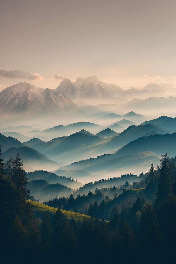 Mountain range with trees and fog Mountain range with trees and fog
