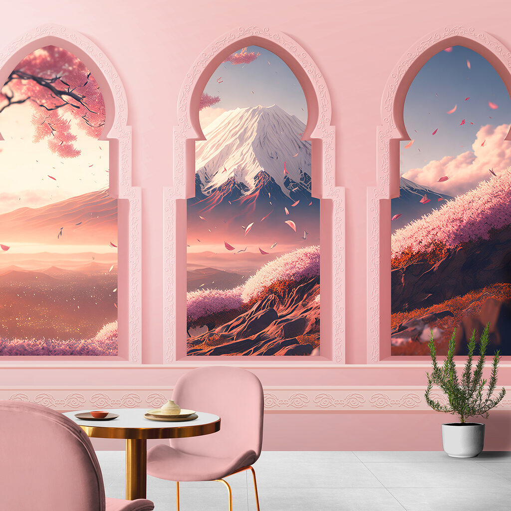 Three arched windows with a mountain view