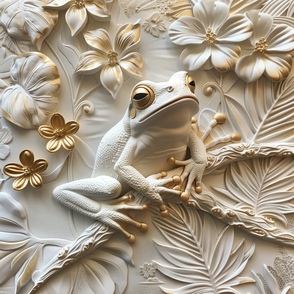Frog resting amidst intricate florals
