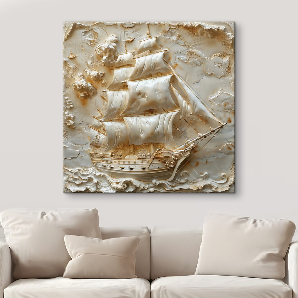Carved ship with sails