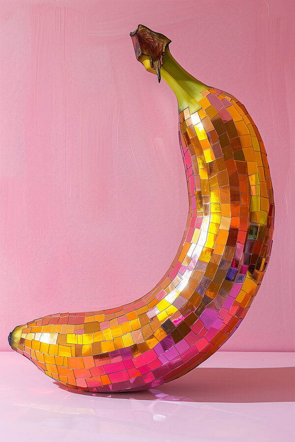 Colorful mirror banana on a pink background