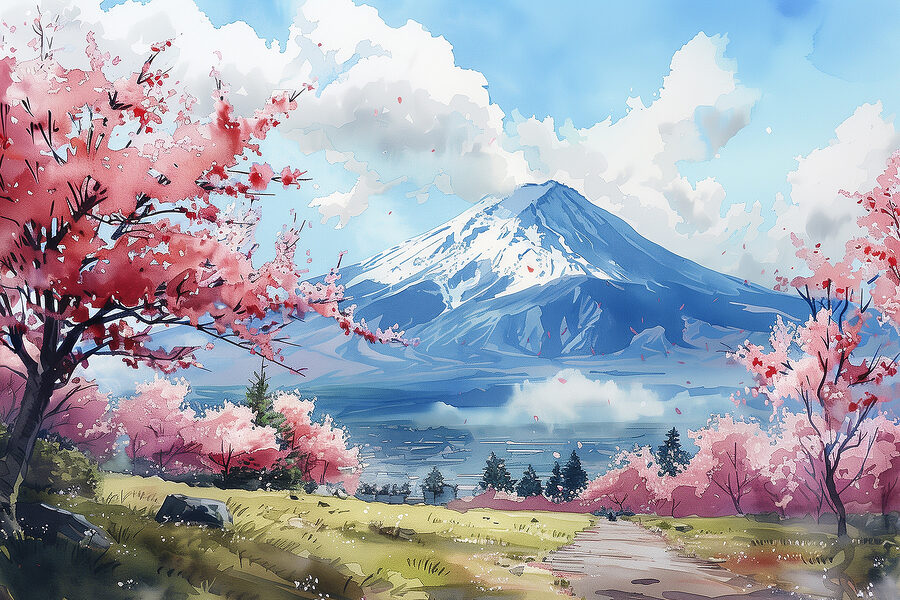 Góra Fuji z różowymi kwiatami