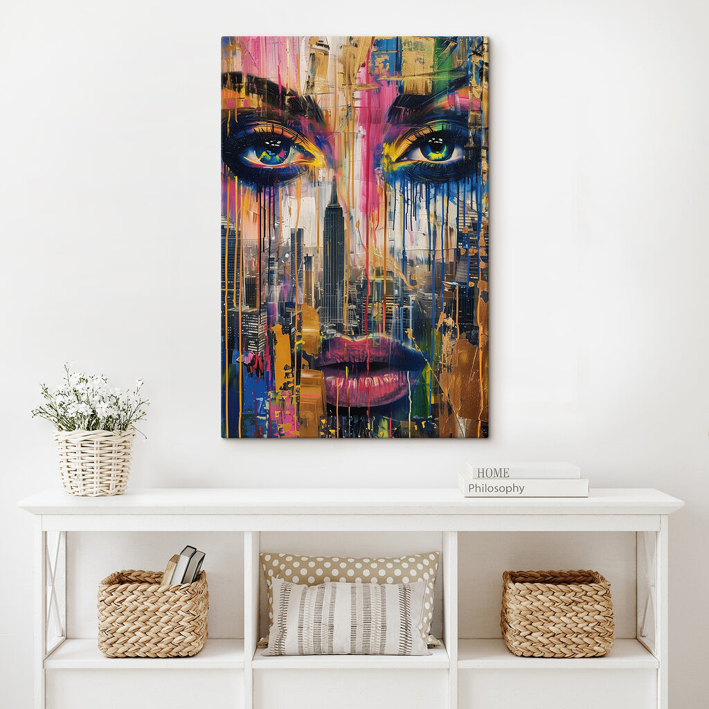 Painting of a woman's face with colorful paint dripping down