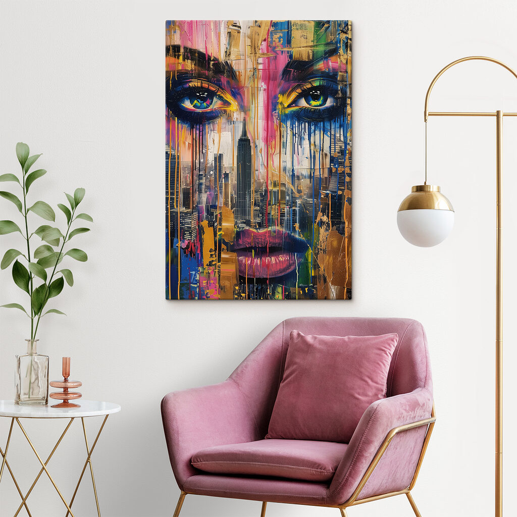 Painting of a woman's face with colorful paint dripping down