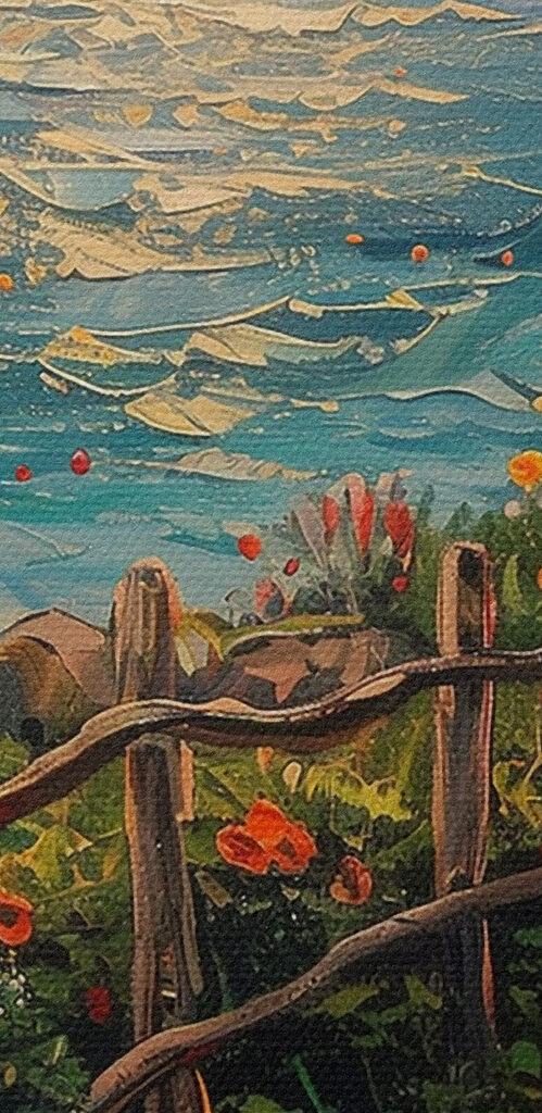 Painting of a path by the water with flowers Painting of a path by the water with flowers