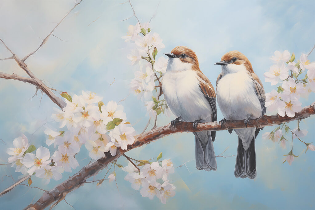Two birds on a branch with white flowers Two birds on a branch with white flowers
